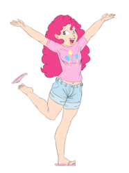 Size: 3334x4472 | Tagged: safe, artist:carnifex, pinkie pie, human, g4, barefoot, belly button, clothes, feet, female, high res, humanized, midriff, one shoe off, open mouth, sandals, shorts, simple background, solo, transparent background