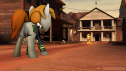 Size: 1920x1080 | Tagged: safe, artist:therottingfantasyland, applejack, oc, oc:littlepip, pony, unicorn, fallout equestria, g4, 3d, butt, clothes, duel, fanfic, fanfic art, female, gun, handgun, hat, horn, jumpsuit, little macintosh, mare, pipbuck, plot, revolver, source filmmaker, vault suit, weapon, wild west