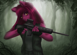 Size: 5512x3937 | Tagged: safe, artist:pitchyy, oc, oc only, oc:pitch, anthro, gun, rifle, solo