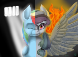 Size: 4251x3118 | Tagged: safe, artist:rimmes-broose, rainbow dash, pegasus, pony, the count of monte rainbow, g4, crying, duality, edmond dantes, everyday a little death, fire, hell to your doorstep, prison, rainbow dantes, spread wings, the count of monte cristo