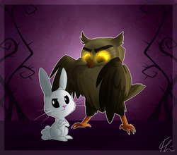 Size: 2165x1903 | Tagged: safe, artist:lolepopenon, angel bunny, owlowiscious, bird, owl, rabbit, g4, animal, crossed arms, duo