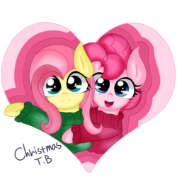 Size: 6000x6000 | Tagged: safe, artist:korchristmas, fluttershy, pinkie pie, g4, absurd resolution, clothes, cute, female, lesbian, ship:flutterpie, shipping, simple background, sweater, sweatershy, transparent background