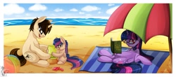 Size: 1348x593 | Tagged: safe, artist:blackfreya, twilight sparkle, oc, oc:mayday parker sparkle, alicorn, pony, spiders and magic: rise of spider-mane, g4, beach, beach ball, braid, crossover, crossover shipping, cute, family, father and daughter, female, filly, glasses, male, mare, marriage, married couple, mother and daughter, offspring, parent:peter parker, parent:twilight sparkle, parents:spidertwi, peter parker, ponified, sand, sandcastle, shipping, spider-man, spiders and magic ii: eleven months, spiders and magic iii: days of friendship past, spidertwi, sunglasses, twilight sparkle (alicorn), umbrella
