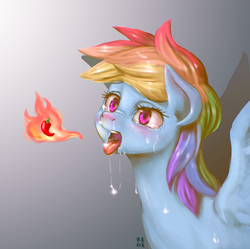 Size: 1928x1920 | Tagged: safe, artist:mrs1989, rainbow dash, pegasus, pony, g4, blushing, chili pepper, crying, drool, female, fire, fire breath, food, gradient background, gray background, herbivore, hot, hot pepper, mare, nose wrinkle, open mouth, pepper, red peppers, shadow, simple background, snot, solo, spicy, spread wings, sweat, tears of pain, wings