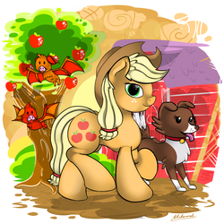 Size: 5000x5000 | Tagged: safe, artist:malamol, applejack, winona, dog, earth pony, fruit bat, pony, g4, absurd resolution, apple, female, tree