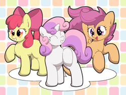 Size: 1334x1009 | Tagged: safe, artist:yasumitsu, apple bloom, scootaloo, sweetie belle, earth pony, pegasus, pony, unicorn, g4, cute, cutie mark crusaders, female, filly, open mouth, pixiv, smiling