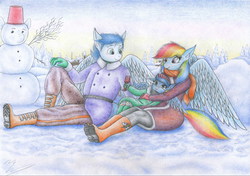 Size: 3485x2449 | Tagged: safe, artist:sinaherib, rainbow dash, soarin', oc, oc:rainfall, anthro, g4, duo, female, high res, male, momma dash, offspring, parent:rainbow dash, parent:soarin', parents:soarindash, ship:soarindash, shipping, snow, snowpony, straight, traditional art, winter