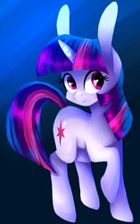 Size: 668x1066 | Tagged: safe, artist:mite-lime, twilight sparkle, g4, bunny ears, female, gradient background, looking at you, raised hoof, smiling, solo