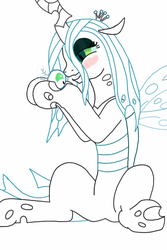 Size: 640x960 | Tagged: dead source, safe, artist:gunbunny-haruko, queen chrysalis, changeling, changeling queen, parasprite, g4, female, nuzzling, smiling