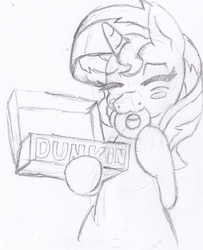 Size: 462x568 | Tagged: safe, artist:schmoe-joe, sunset shimmer, pony, unicorn, g4, bipedal, blushing, box, donut, eating, eyes closed, female, monochrome, nom, sketch, solo, traditional art