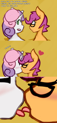 Size: 1280x2743 | Tagged: safe, artist:somescrub, scootaloo, sweetie belle, anthro, ask nudist sweetie belle, g4, blushing, comic, female, french kiss, glasses, heart, kissing, lesbian, ship:scootabelle, tent, tongue out, tongue to tongue, tumblr