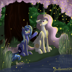 Size: 3000x3000 | Tagged: safe, artist:dreamyartcosplay, princess celestia, princess luna, firefly (insect), g4, forest, high res, pink-mane celestia, s1 luna, water, younger