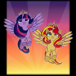 Size: 1000x1000 | Tagged: safe, artist:lekelbel, sunset shimmer, twilight sparkle, alicorn, pony, g4, :3, alicornified, race swap, shimmercorn, twilight sparkle (alicorn)