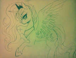 Size: 1153x876 | Tagged: safe, artist:lolopan, princess luna, g4, bedroom eyes, female, looking at you, profile, sketch, smiling, solo, spread wings