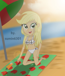 Size: 2000x2342 | Tagged: safe, artist:sumin6301, applejack, equestria girls, g4, beach, belly button, bikini, clothes, female, high res, loose hair, solo, swimsuit