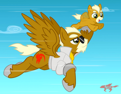 Size: 990x764 | Tagged: safe, artist:starfox-saiyan, pegasus, pony, carrying, clothes, colt, cute, father and child, father and son, flying, fox mccloud, happy, jacket, james mccloud, male, ponified, sky, smiling, smirk, spread wings, stallion, star fox, sunglasses, wings