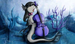 Size: 1250x741 | Tagged: safe, artist:jamescorck, octavia melody, sea pony, g4, cello, female, musical instrument, solo, species swap