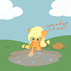 Size: 3000x3000 | Tagged: safe, artist:bigmackintosh, applejack, fish, g4, cute, feeding, high res, pond, request, sweet apple acres