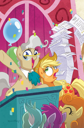 Size: 787x1195 | Tagged: safe, artist:brenda hickey, idw, applejack, berry punch, berryshine, carrot top, golden harvest, lyra heartstrings, mayor mare, g4, my little pony: friends forever, cover