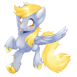 Size: 2000x2000 | Tagged: safe, artist:toskurra, derpy hooves, pegasus, pony, g4, blushing, female, high res, mare, simple background, solo, spread wings, tongue out, transparent background, unshorn fetlocks
