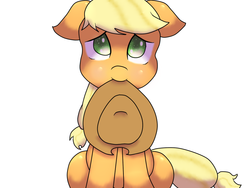Size: 1024x768 | Tagged: safe, artist:kaoticvulpes, applejack, g4, cute, female, floppy ears, jackabetes, looking at you, mouth hold, simple background, sitting, smiling, solo
