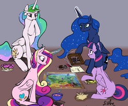 Size: 1280x1067 | Tagged: safe, artist:silfoe, princess cadance, princess celestia, princess luna, twilight sparkle, alicorn, pony, royal sketchbook, g4, abacus, alicorn tetrarchy, board game, candy, cupcake, female, french fries, hay fries, magic, map, mare, moon pie, risk, sisters-in-law, tabletop game, telekinesis, twilight sparkle (alicorn), visor