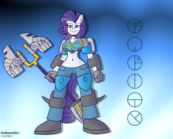 Size: 5000x4000 | Tagged: safe, artist:scobionicle99, rarity, anthro, g4, absurd resolution, armor, belly button, bionicle, crossover, female, gali, lego, midriff, solo, unconvincing armor, weapon