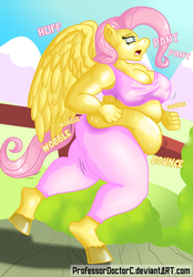 Size: 2826x4049 | Tagged: safe, artist:professordoctorc, fluttershy, anthro, unguligrade anthro, g4, bbw, chubby, exercise, fat, fattershy, female, jogging, muffin top, running, solo, sweat