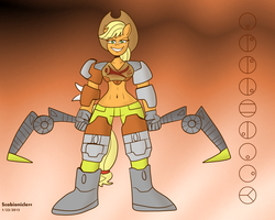 Size: 5000x4000 | Tagged: safe, artist:scobionicle99, applejack, earth pony, anthro, g4, absurd resolution, armor, belly button, bionicle, crossover, female, lego, midriff, pohatu, solo, unconvincing armor, weapon