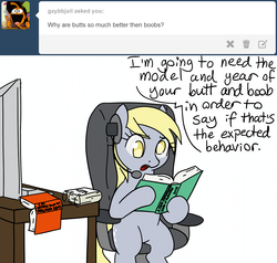 Size: 1263x1200 | Tagged: safe, artist:lightbulb, derpy hooves, pegasus, pony, g4, book, butts, crossover, derpy hooves tech support, derpy tech support, female, headset, mare, solo, the little guy, tumblr, wander (wander over yonder), wander over yonder