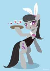 Size: 706x1000 | Tagged: dead source, safe, artist:pixiedot9, octavia melody, pony, g4, bipedal, blue background, blushing, bunny ears, bunny suit, clothes, cocktail, cute, female, leotard, serving tray, simple background, solo, sweat, sweatdrop, tavibetes, tray