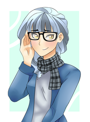 Size: 2289x3112 | Tagged: safe, artist:kianamai, artist:marukouhai, color edit, edit, oc, oc only, oc:cloudy skies, human, kilalaverse, clothes, colored, female, glasses, high res, humanized, humanized oc, next generation, offspring, parent:pinkie pie, parent:pokey pierce, parents:pokeypie, scarf, solo