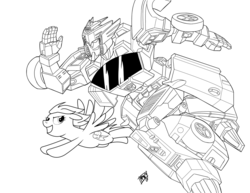 Size: 1500x1159 | Tagged: safe, artist:mono-phos, rainbow dash, robot, g4, autobot, blurr, crossover, drawing, flying, lineart, race, running, transformers