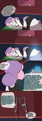 Size: 1280x3628 | Tagged: safe, artist:somescrub, sweetie belle, anthro, ask nudist sweetie belle, g4, belly button, clothes, computer, crutches, crying, explicit source, laptop computer, midriff, tumblr