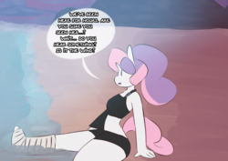 Size: 3200x2268 | Tagged: safe, artist:somescrub, sweetie belle, anthro, ask nudist sweetie belle, g4, cast, clothes, explicit source, high res, midriff, tumblr