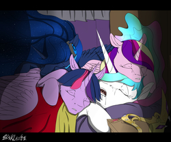 Size: 1000x830 | Tagged: safe, artist:backlash91, princess cadance, princess celestia, princess luna, twilight sparkle, alicorn, pony, gamer luna, g4, alicorn tetrarchy, bed, cuddle puddle, cuddling, drool, eyes closed, group, headphones, headset, letterboxing, majestic as fuck, open mouth, pony pile, princess pile, prone, quartet, sleeping, snuggling, spread wings, tiara, twilight sparkle (alicorn)