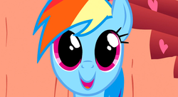 Size: 1099x597 | Tagged: safe, screencap, rainbow dash, pegasus, pony, g4, sonic rainboom (episode), big eyes, cute, dashabetes, female, mare, open mouth, smiling, solo, wide eyes