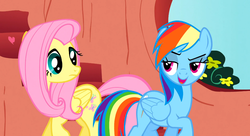 Size: 1099x597 | Tagged: safe, screencap, fluttershy, rainbow dash, g4, sonic rainboom (episode), bedroom eyes, front view, lidded eyes