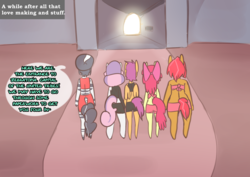Size: 3200x2268 | Tagged: safe, artist:somescrub, apple bloom, babs seed, scootaloo, sweetie belle, oc, oc:h'ani, zebra, anthro, ask nudist sweetie belle, g4, clothes, explicit source, high res, holding hands, implied sex, midriff, tumblr