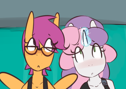 Size: 1280x907 | Tagged: safe, artist:somescrub, scootaloo, sweetie belle, anthro, ask nudist sweetie belle, g4, blushing, clothes, female, glasses, lesbian, ship:scootabelle, shipping, tumblr