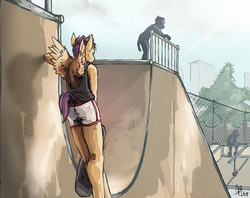 Size: 700x554 | Tagged: safe, artist:adolphbartels, scootaloo, anthro, g4, female, skateboard, solo