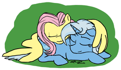 Size: 900x517 | Tagged: safe, artist:spectralunicorn, fluttershy, trixie, pony, unicorn, g4, female, hug, lesbian, mare, shipping, sleeping, solo, trixieshy, winghug