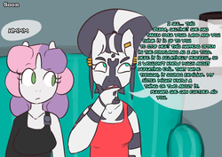 Size: 1280x907 | Tagged: safe, artist:somescrub, sweetie belle, oc, oc:h'ani, zebra, anthro, ask nudist sweetie belle, g4, clothes, explicit source, piercing, tumblr
