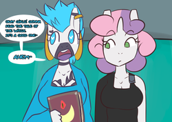 Size: 1280x907 | Tagged: safe, artist:somescrub, sweetie belle, oc, oc:t'zara, zebra, anthro, ask nudist sweetie belle, g4, book, clothes, heart, heart eyes, piercing, tumblr, wingding eyes