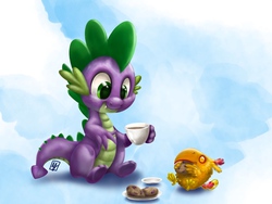 Size: 1500x1125 | Tagged: safe, artist:spacechickennerd, peewee, spike, dragon, phoenix, g4, cookie, cup, cute, duo, duo male, eating, male, peeweebetes, signature, sitting, spikabetes, tea, teacup, wingless spike