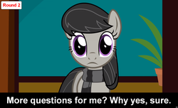 Size: 1600x973 | Tagged: safe, octavia melody, earth pony, pony, comic:celestia's servant interview, g4, caption, clothes, cs captions, female, interview, looking at you, mare, scarf, solo