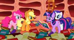 Size: 1099x597 | Tagged: safe, screencap, applejack, pinkie pie, rarity, twilight sparkle, earth pony, pony, unicorn, g4, sonic rainboom (episode), book, golden oaks library, levitation, magic, telekinesis, unicorn twilight