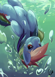 Size: 914x1280 | Tagged: safe, artist:razzleluff, rainbow dash, g4, belly button, bubble, diving, female, grin, solo, underwater, water