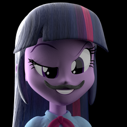 Size: 1024x1024 | Tagged: safe, artist:creatorofpony, twilight sparkle, equestria girls, g4, 3d, 3d model, blender, clothes, eyebrows, female, moustache, raised eyebrow, shirt, smiling, smirk, solo, teenager