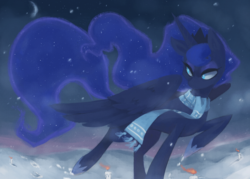 Size: 2100x1500 | Tagged: safe, artist:mnstrmthd, princess luna, g4, candle, clothes, female, pixiv, scarf, snow, snowfall, solo, winter